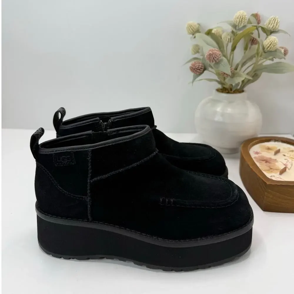 UGG Cityfunc Suede Ultra Mini Platform Water Resistant Boot Black Women 6.5 NWOB